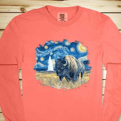 2294 Van Gogh Starry Night Long Sleeve Tshirt - Bright Salmon