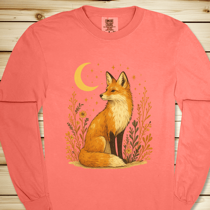 Fox In The Moonlight Long Sleeve Tshirt - Bright Salmon