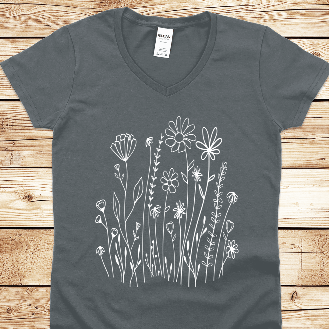 White Wildflowers V-Neck Tshirt - Ramblin Road