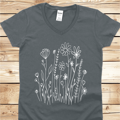 White Wildflowers V-Neck Tshirt - Ramblin Road