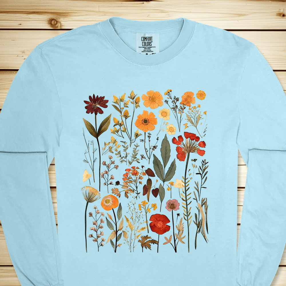 Vintage Pressed Flowers Long Sleeve Tshirt - Chambray