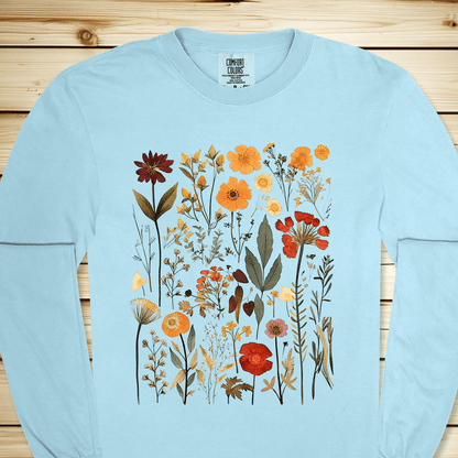 Vintage Pressed Flowers Long Sleeve Tshirt - Chambray