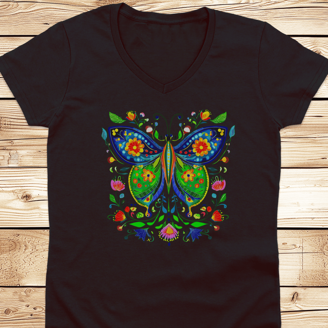 Butterfly Folkart V-Neck Tshirt - Ramblin Road