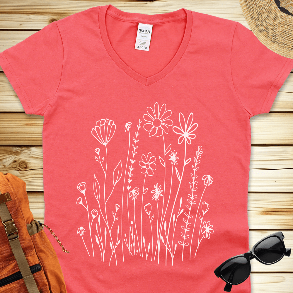 1648 White Wildflowers V-Neck Tshirt - Coral Silk