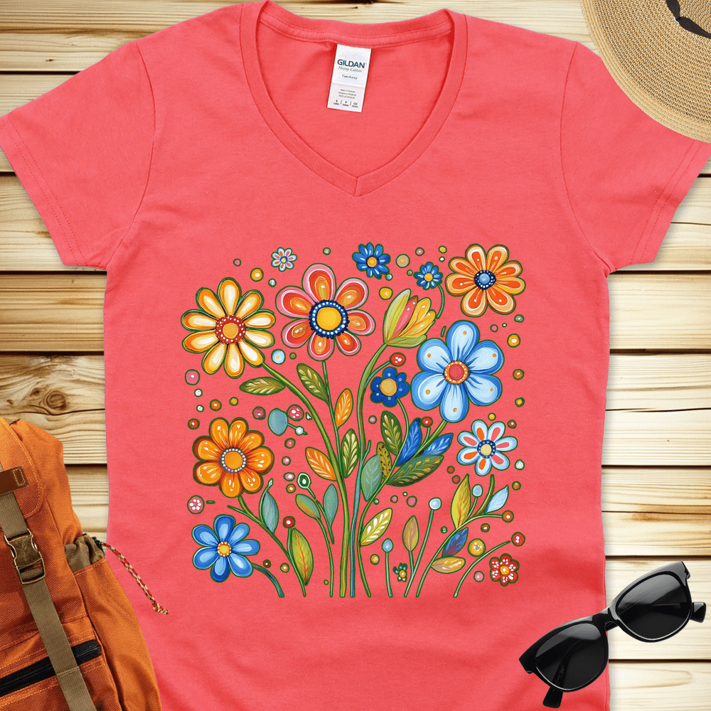 1687 Painted Flowers V-Neck Tshirt - Coral Silk
