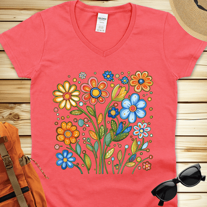 1687 Painted Flowers V-Neck Tshirt - Coral Silk