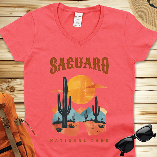 1391 Saguaro National Park V-Neck Tshirt - Coral Silk