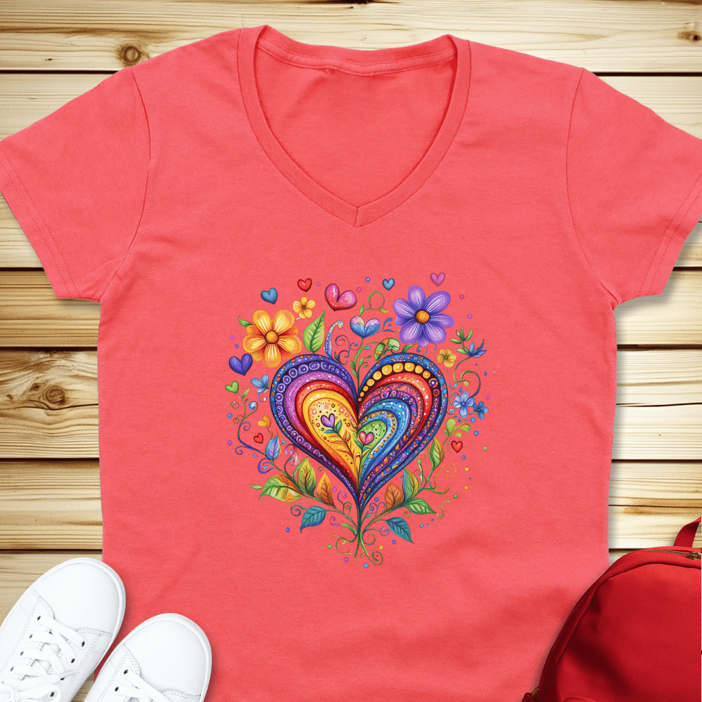 1974 Folk Art Heart V-Neck - Coral Silk