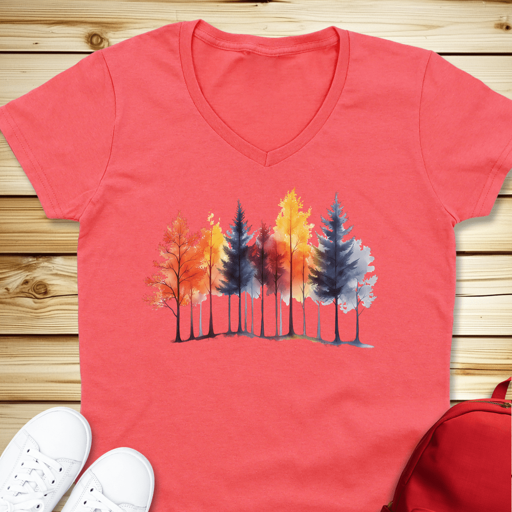 1683 Autumn Trees V-Neck - Coral Silk
