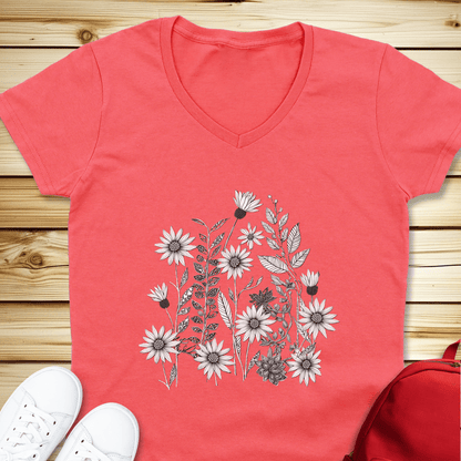 1484 Monochrome Wildflowers V-Neck - Coral Silk