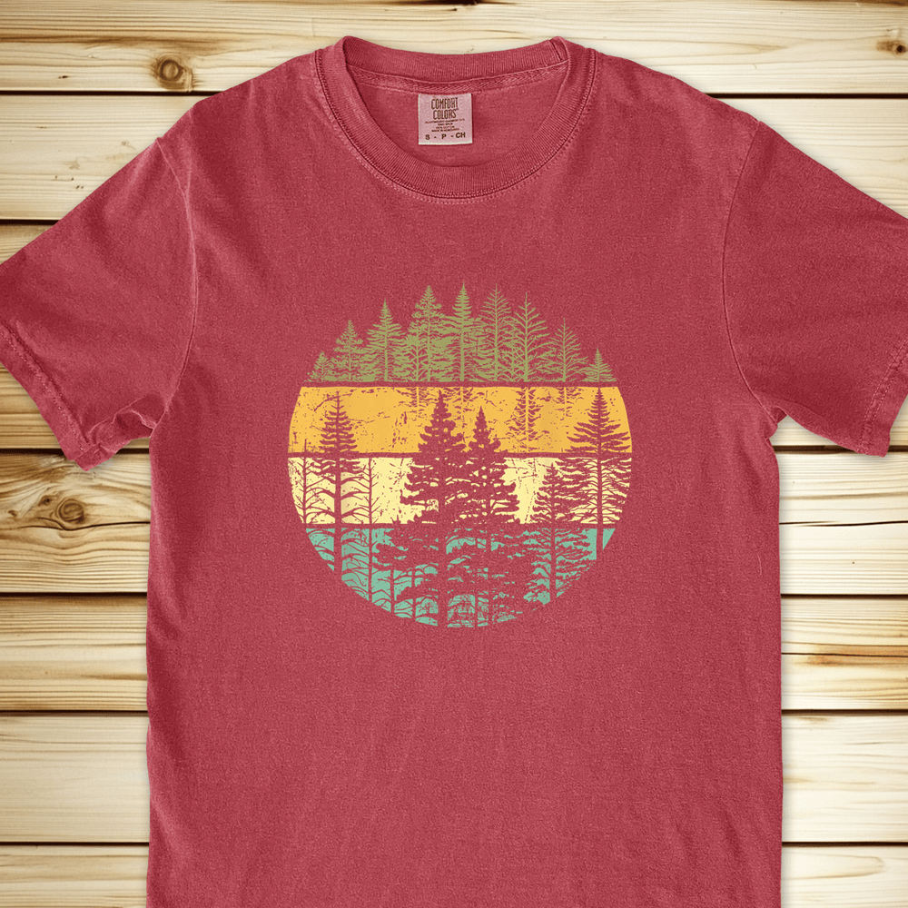 2271 Distressed Woodsy Trees Relaxed Fit Tee - Crimson