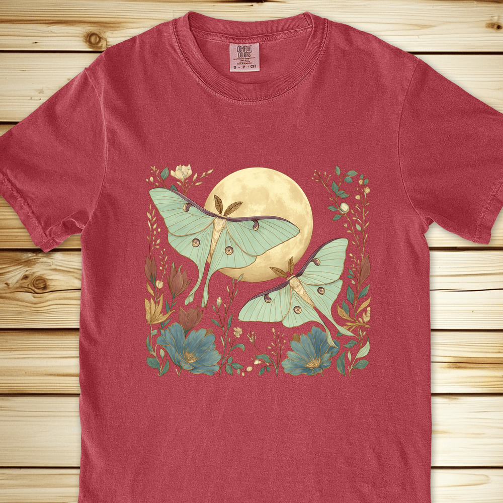 2291 Mystical Green Moths Relaxed Fit Tee - Crimson