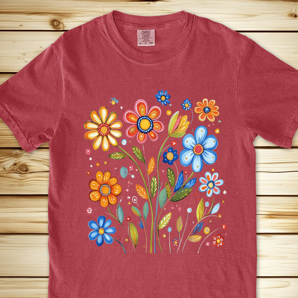 1687 Painted Flowers Relaxed Fit Tee - Crimson