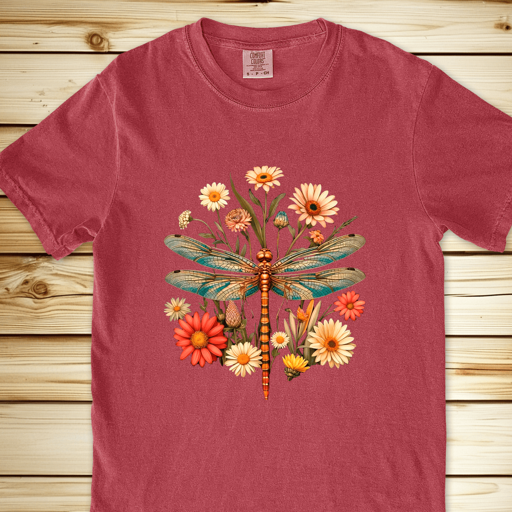 Dragonfly Flowers Relaxed Fit Tee - Crimson