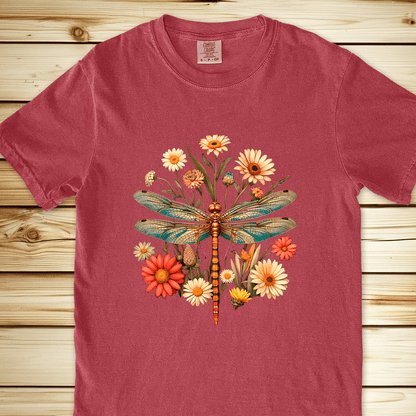 Dragonfly Flowers Relaxed Fit Tee - Crimson