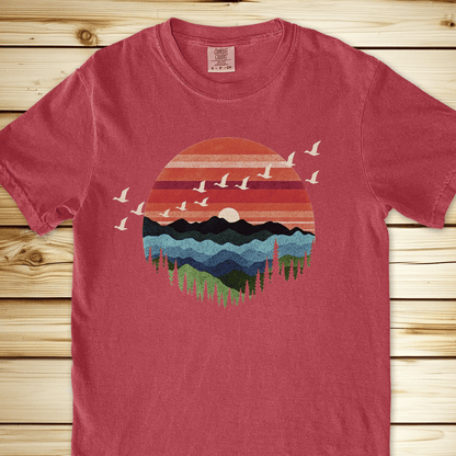 Retro Mountain Birds Relaxed Fit Tee - Crimson