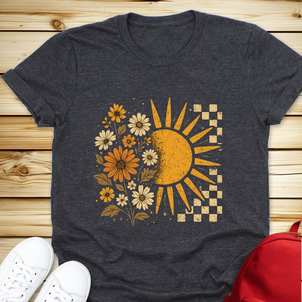 Checkerboard Floral Sun Tshirt - Dark Grey Heather