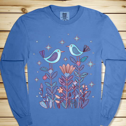 2277 Birds In Twilight Long Sleeve Tshirt - Flo Blue