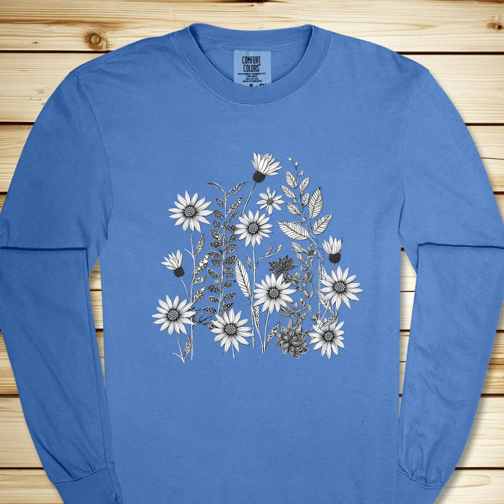 Monochrome Wildflowers Long Sleeve Tshirt - Flo Blue
