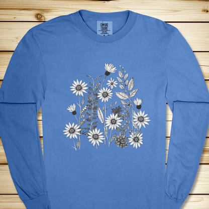 Monochrome Wildflowers Long Sleeve Tshirt - Flo Blue
