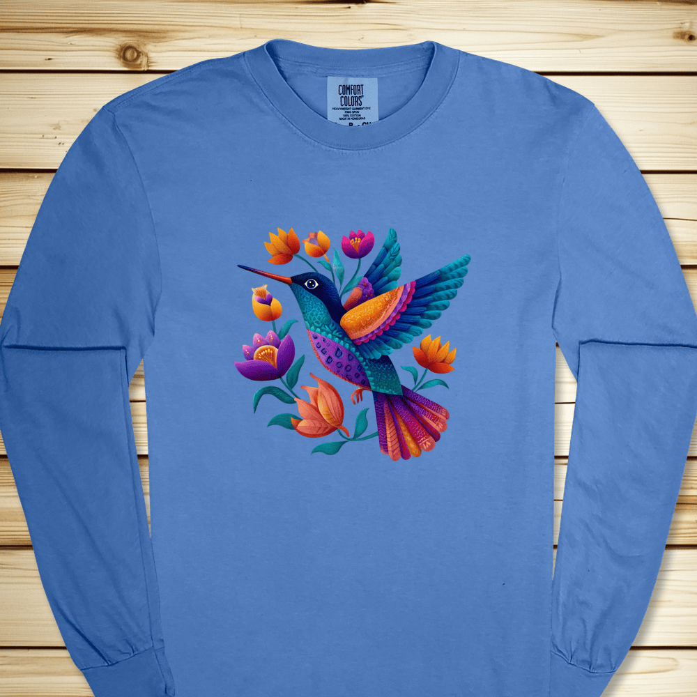 Colorful Humingbird Long Sleeve Tshirt - Flo Blue