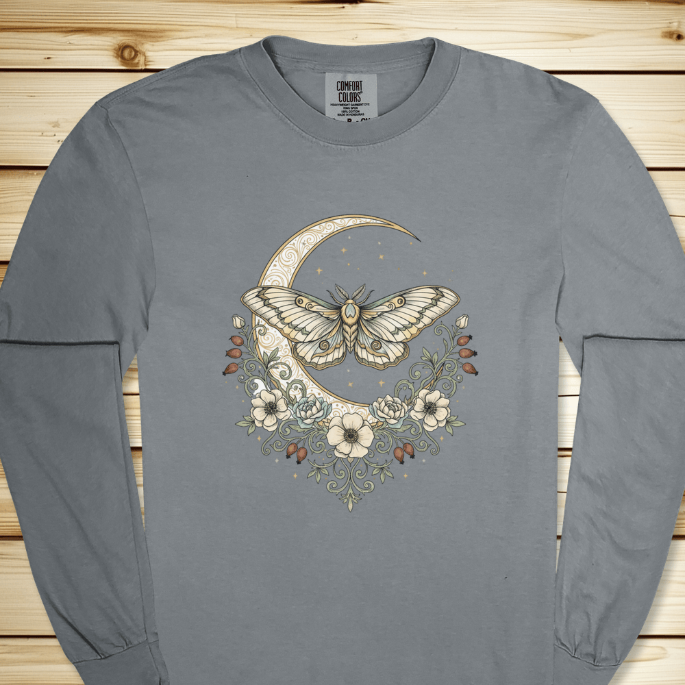 Green Moth Crescent Moon Long Sleeve Tshirt - Granite