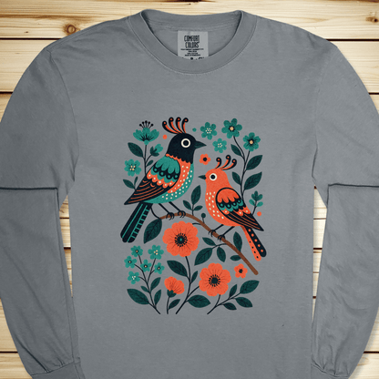 2276 Birds In Bramble Long Sleeve Tshirt - Granite