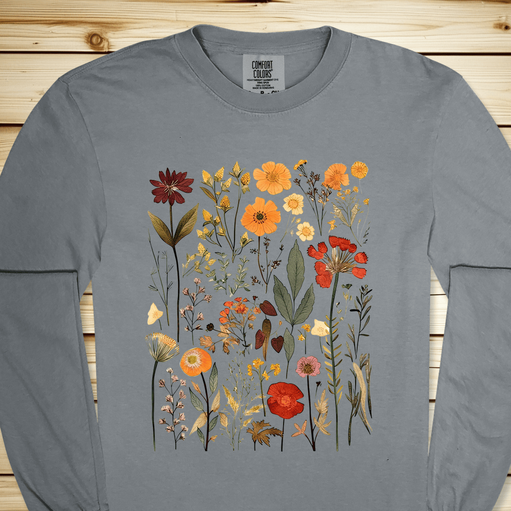 Vintage Pressed Flowers Long Sleeve Tshirt - Granite