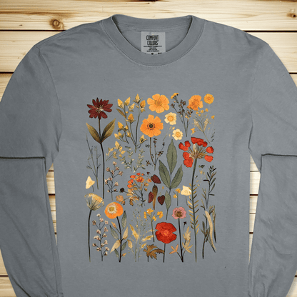 Vintage Pressed Flowers Long Sleeve Tshirt - Granite