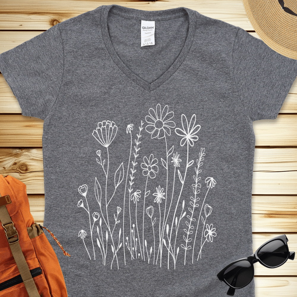 1648 White Wildflowers V-Neck Tshirt - Graphite Heather
