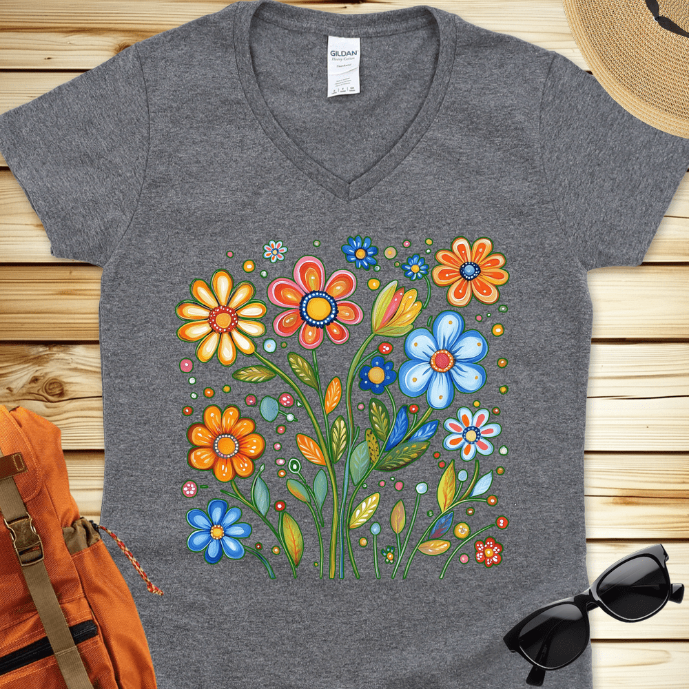 1687 Painted Flowers V-Neck Tshirt - Graphite Heather