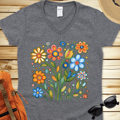 1687 Painted Flowers V-Neck Tshirt - Graphite Heather