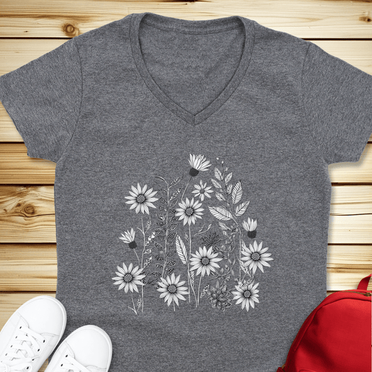 1484 Monochrome Wildflowers V-Neck - Graphite Heather