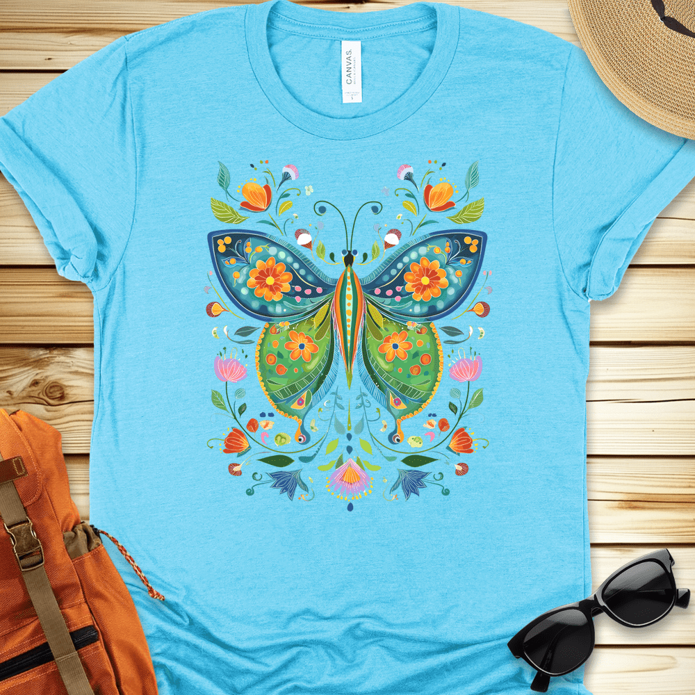 1934 Butterfly Folkart Tshirt - Heather Aqua