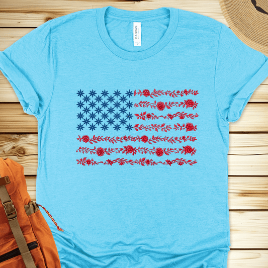 1972 Us Flag In Flowers Tshirt - Heather Aqua