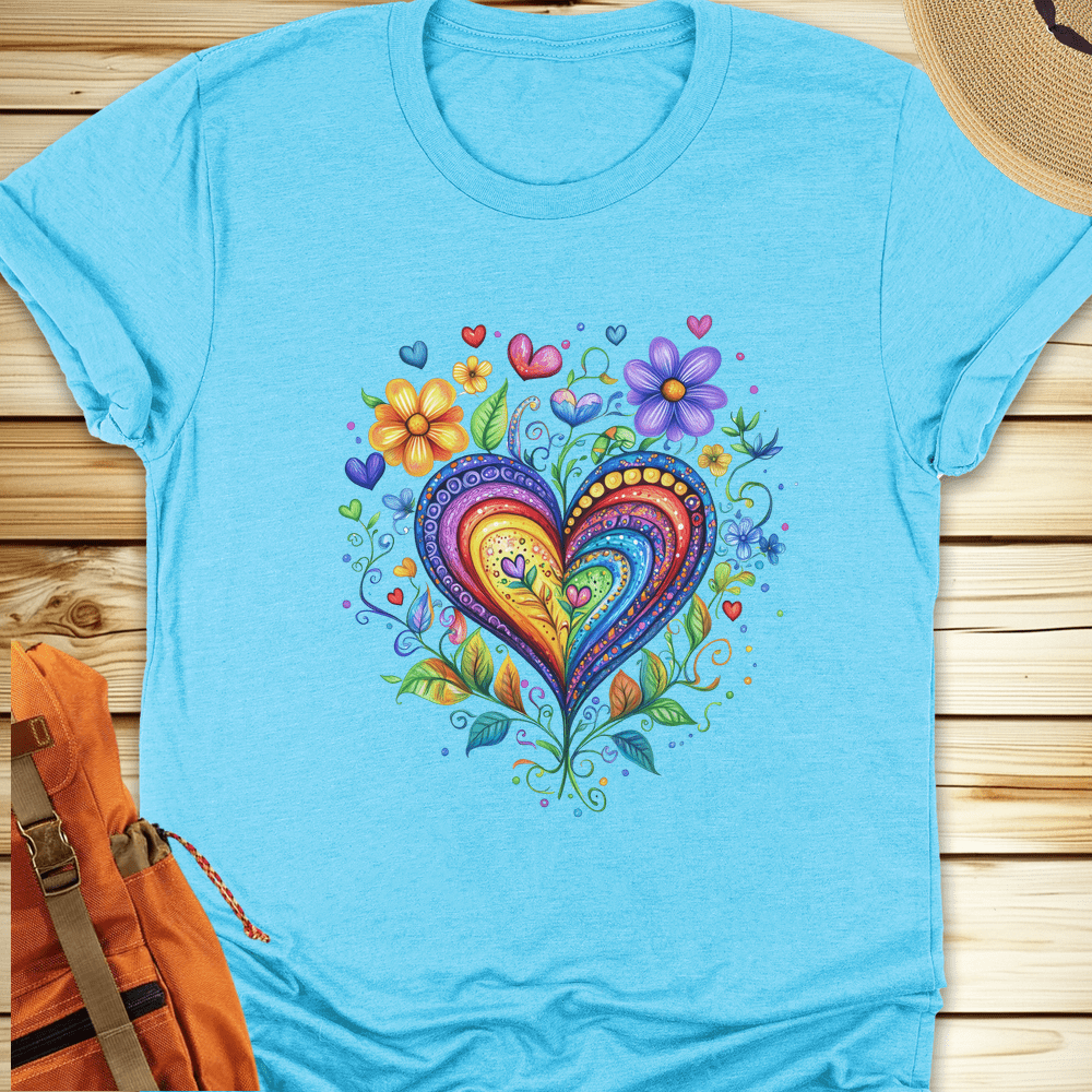 1974 Folk Art Heart Tshirt - Heather Aqua