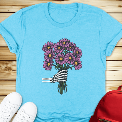 Skeleton Daisies Bouquet Tshirt - Heather Aqua