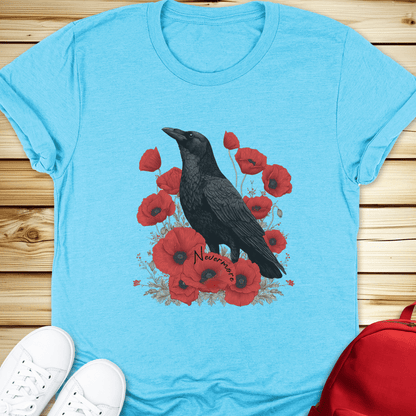 2139 Nevermore Raven And Poppies Tshirt - Heather Aqua
