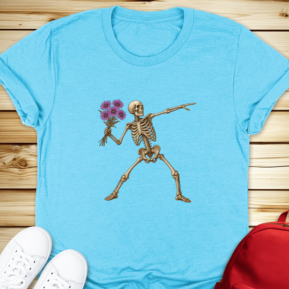 Skeleton Flower Thrower Tshirt - Heather Aqua