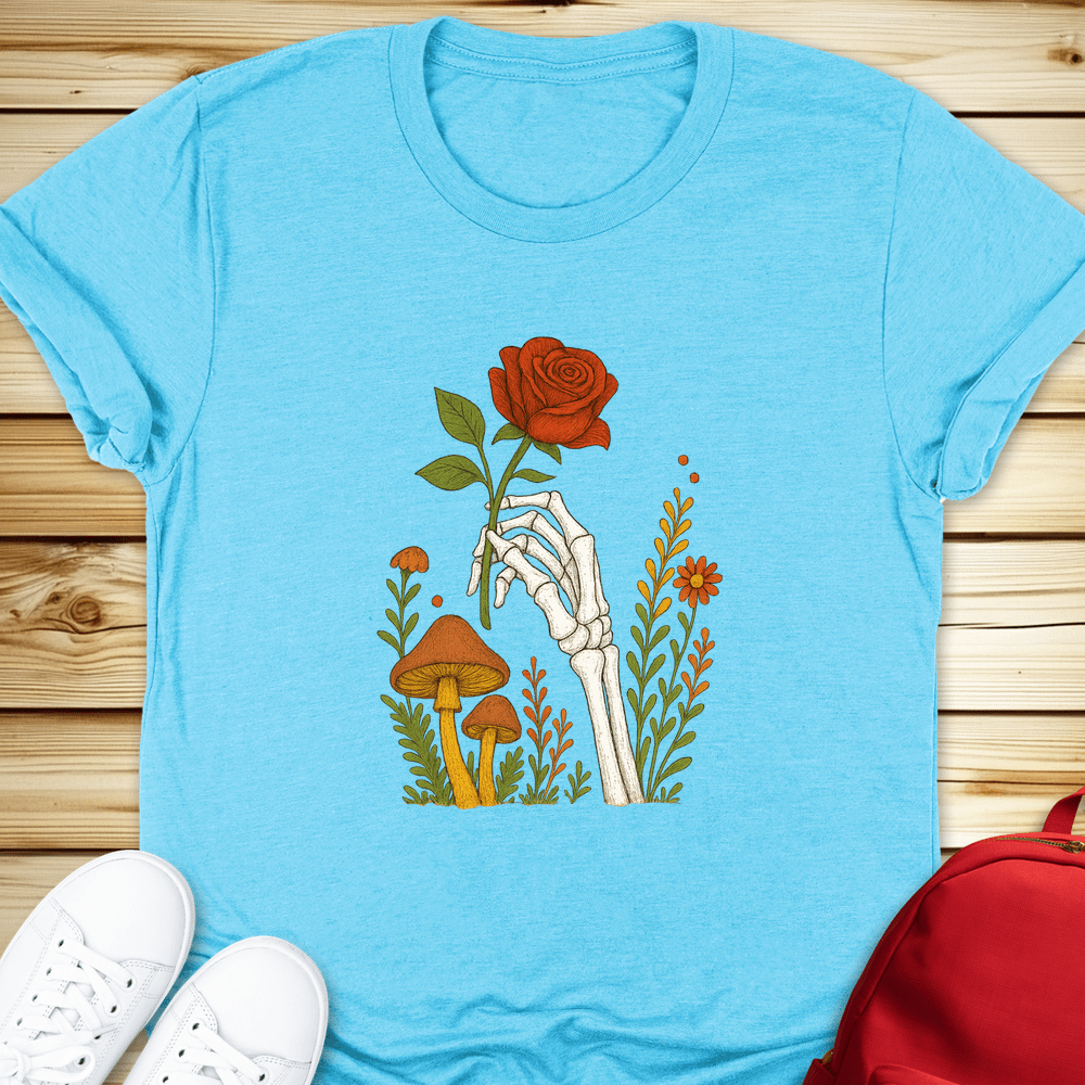 2168 Skeleton Hand With Rose Tshirt - Heather Aqua