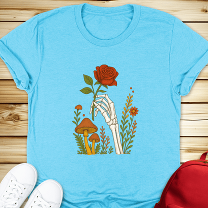 2168 Skeleton Hand With Rose Tshirt - Heather Aqua
