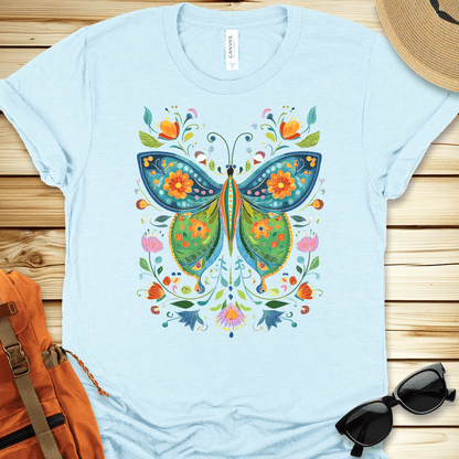 1934 Butterfly Folkart Tshirt - Heather Ice Blue