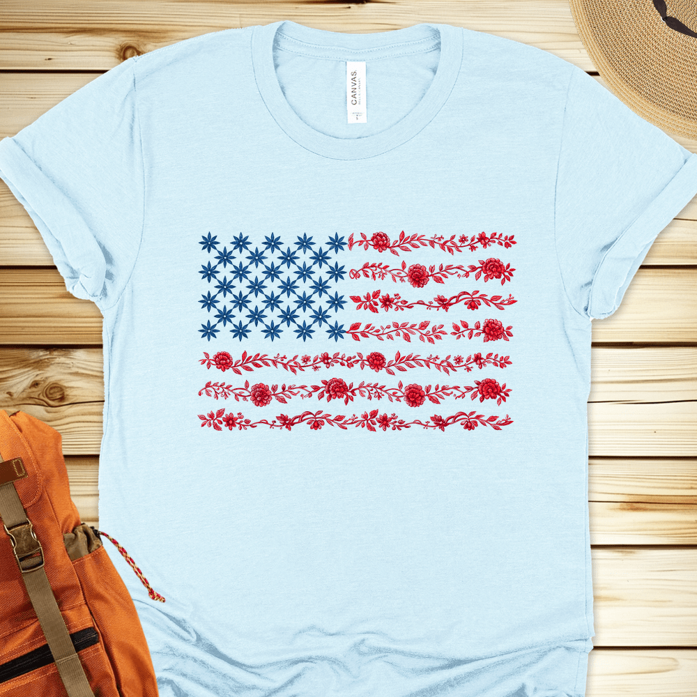 1972 Us Flag In Flowers Tshirt - Heather Ice Blue