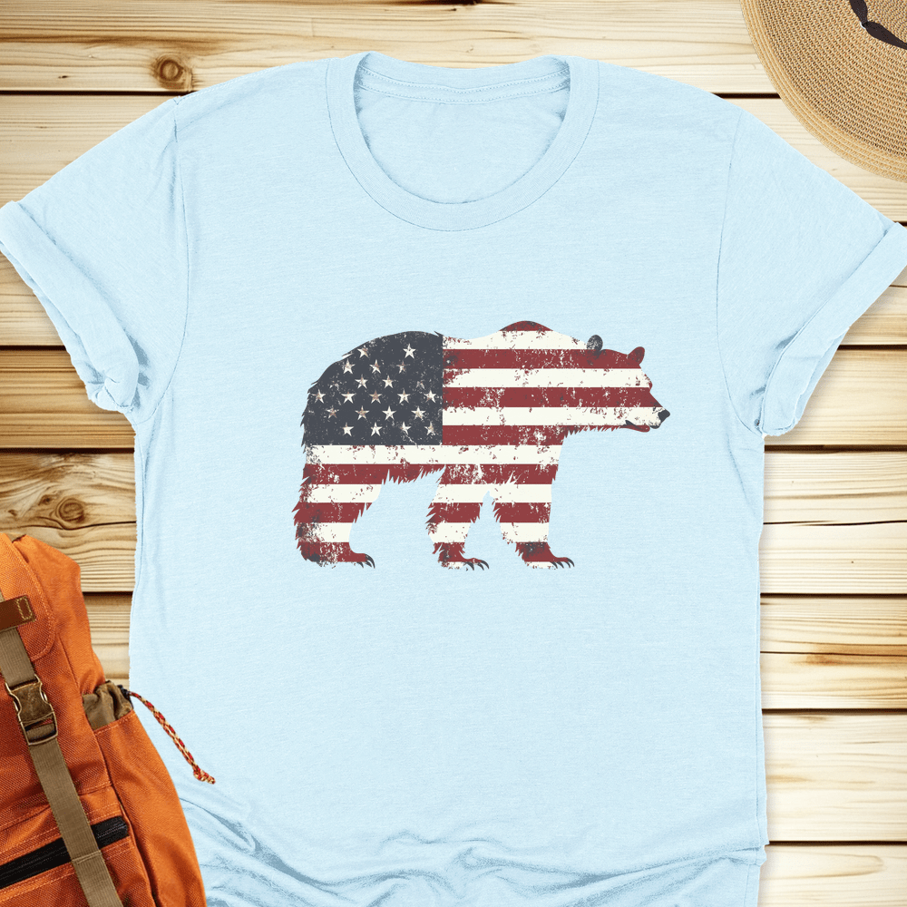 1998 American Flag Grizzly Bear Tshirt - Heather Ice Blue