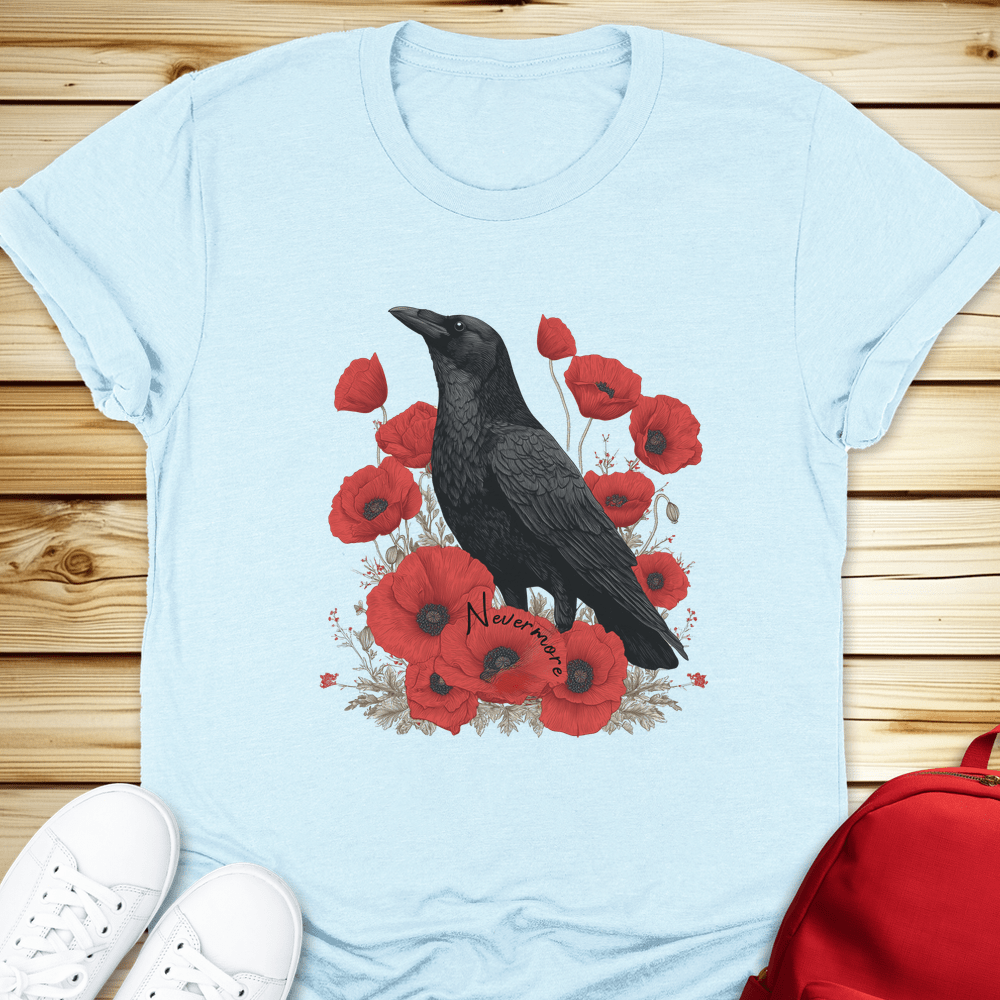 2139 Nevermore Raven And Poppies Tshirt - Heather Ice Blue