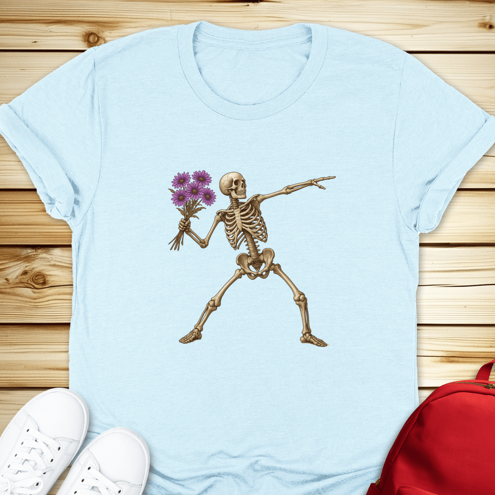 Skeleton Flower Thrower Tshirt - Heather Ice Blue