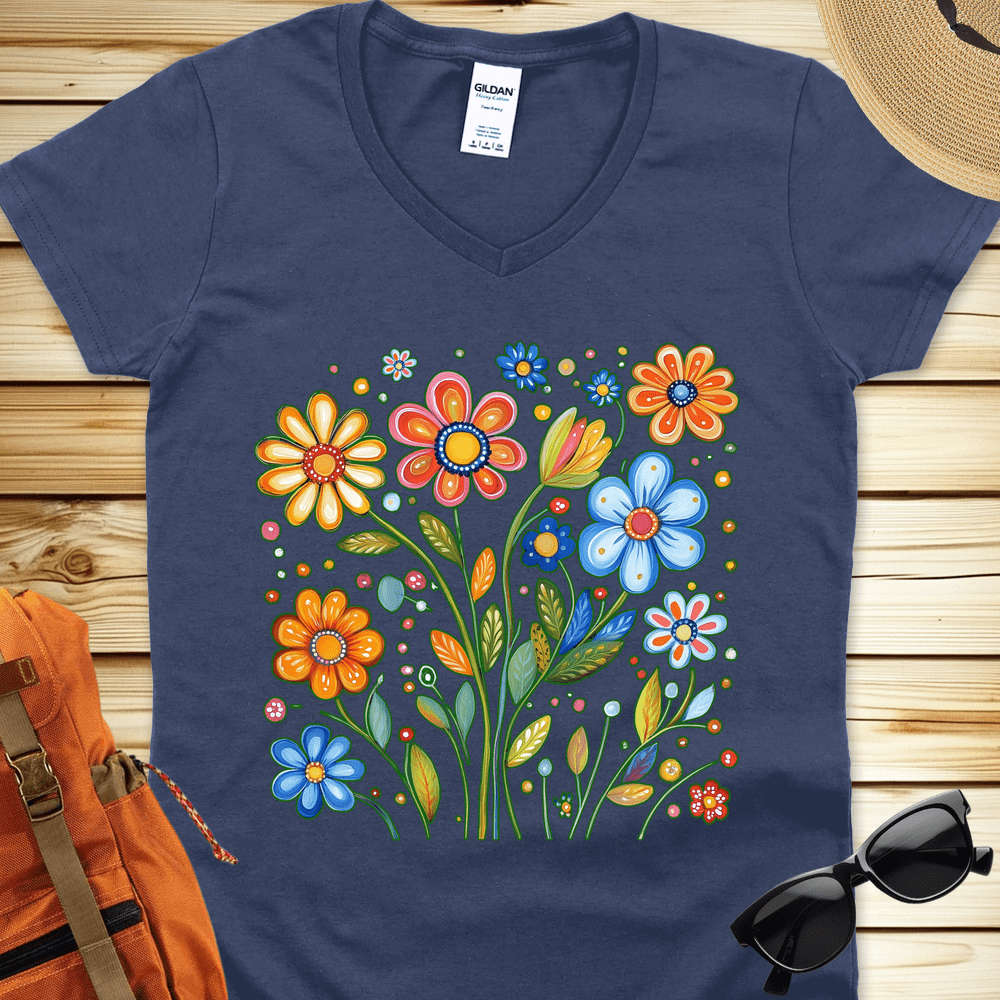 1687 Painted Flowers V-Neck Tshirt - Heather Navy