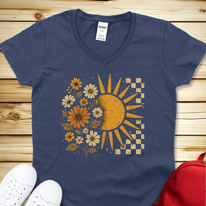 Checkerboard Floral Sun V-Neck - Heather Navy