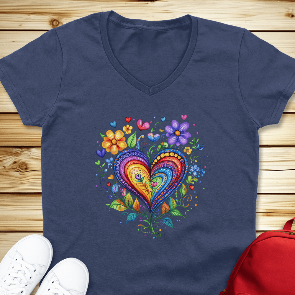 1974 Folk Art Heart V-Neck - Heather Navy