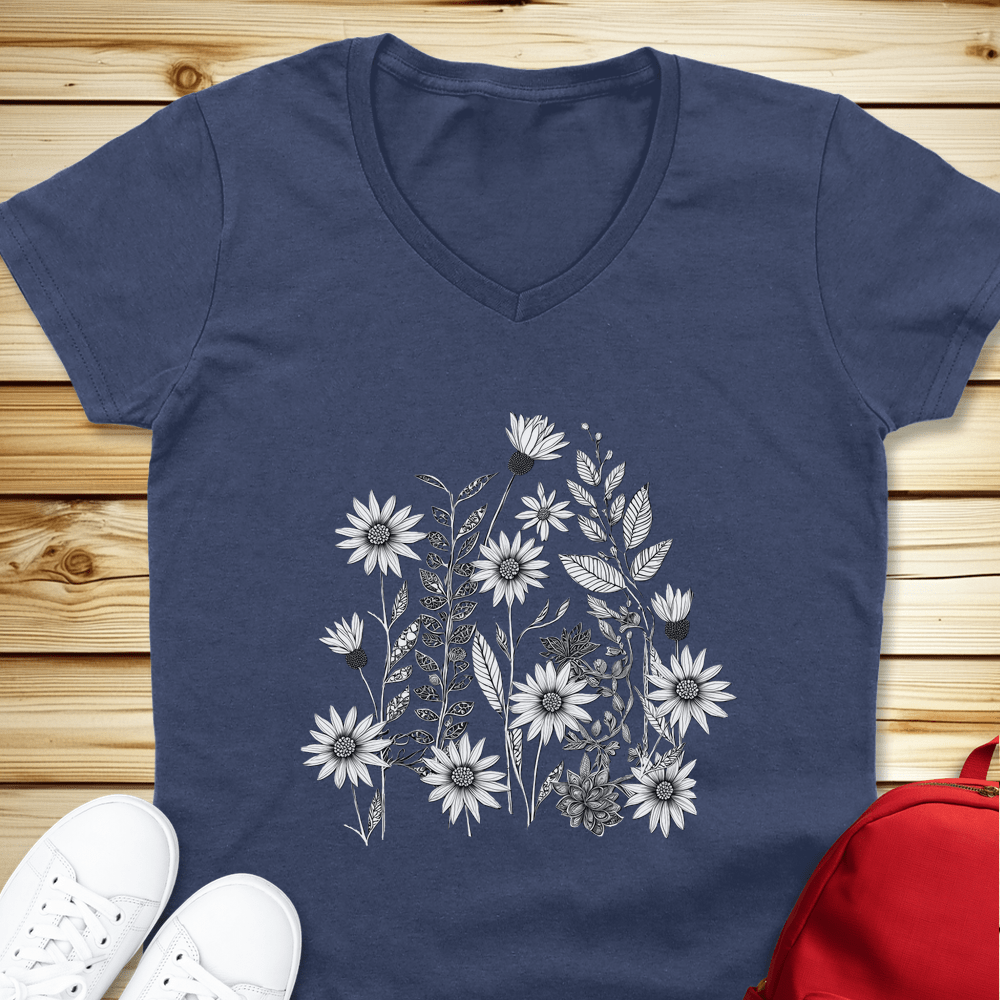 1484 Monochrome Wildflowers V-Neck - Heather Navy